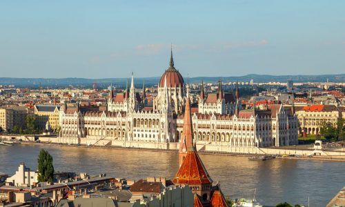 A classic view of the famous tourist attraction of Budapest - the Hungarian Parliament and the Danube River with ships